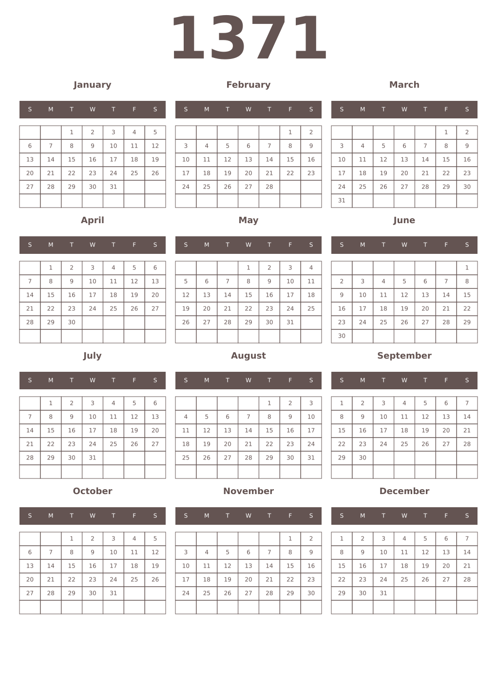 Printable 1371 Year Calendars wenge