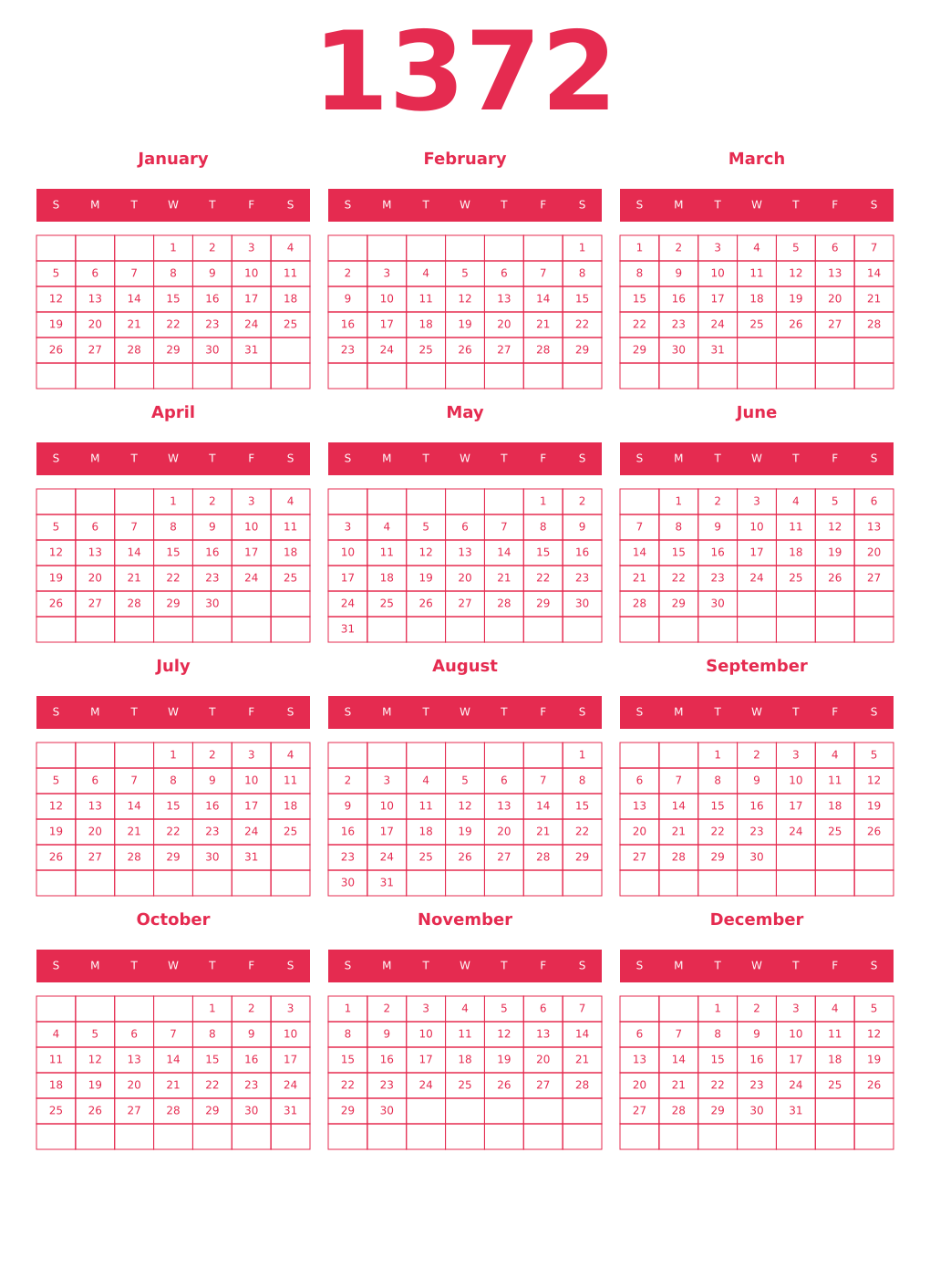 Printable 1372 Year Calendars amaranth