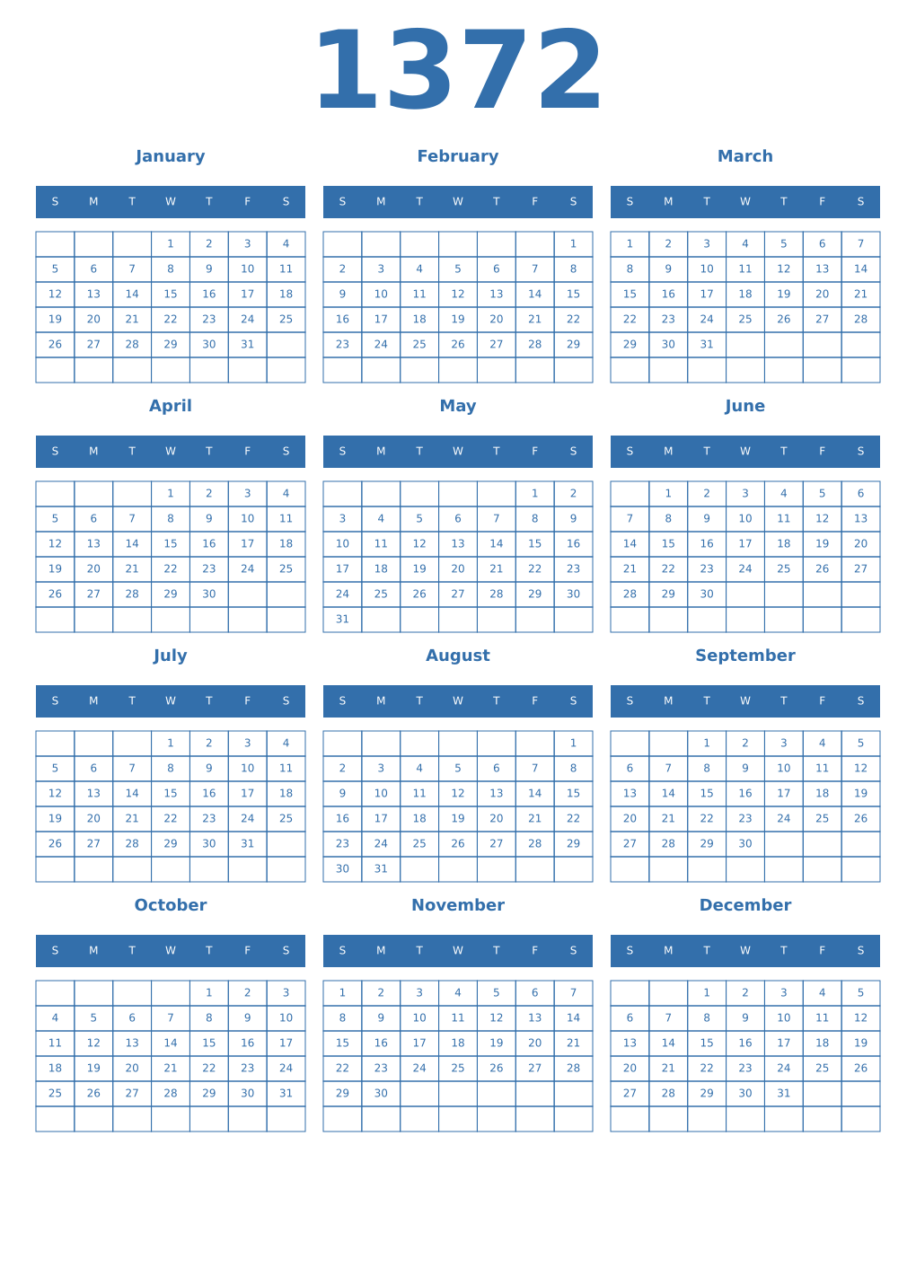 Printable 1372 Year Calendars blue