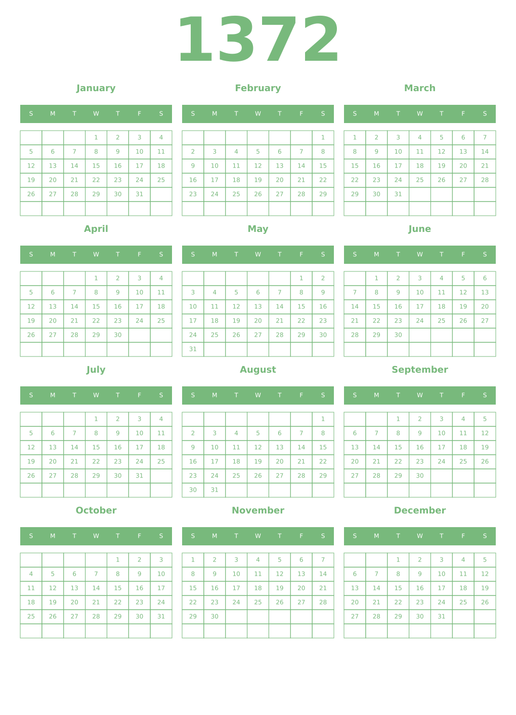 Printable 1372 Year Calendars celadon