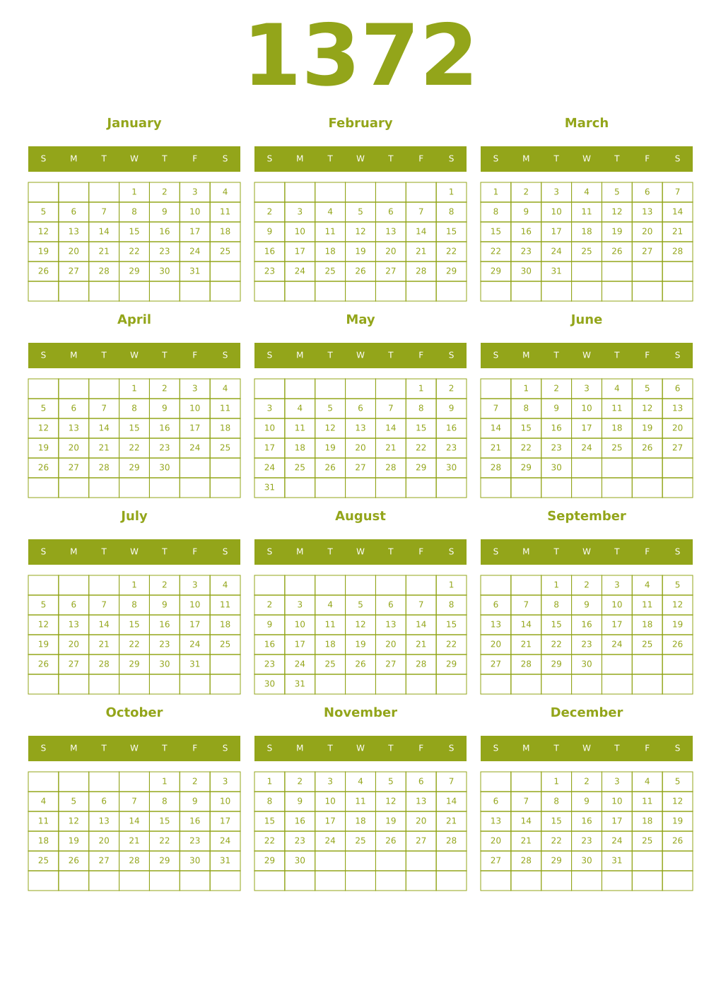 Printable 1372 Year Calendars chartreuse