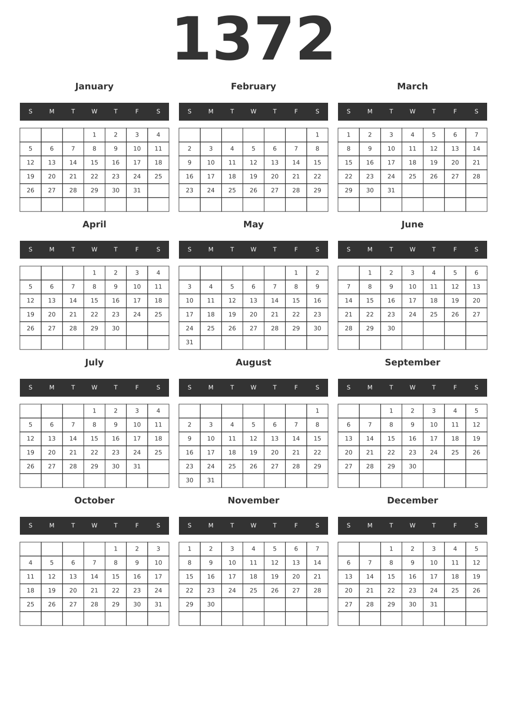 Printable 1372 Year Calendars dark