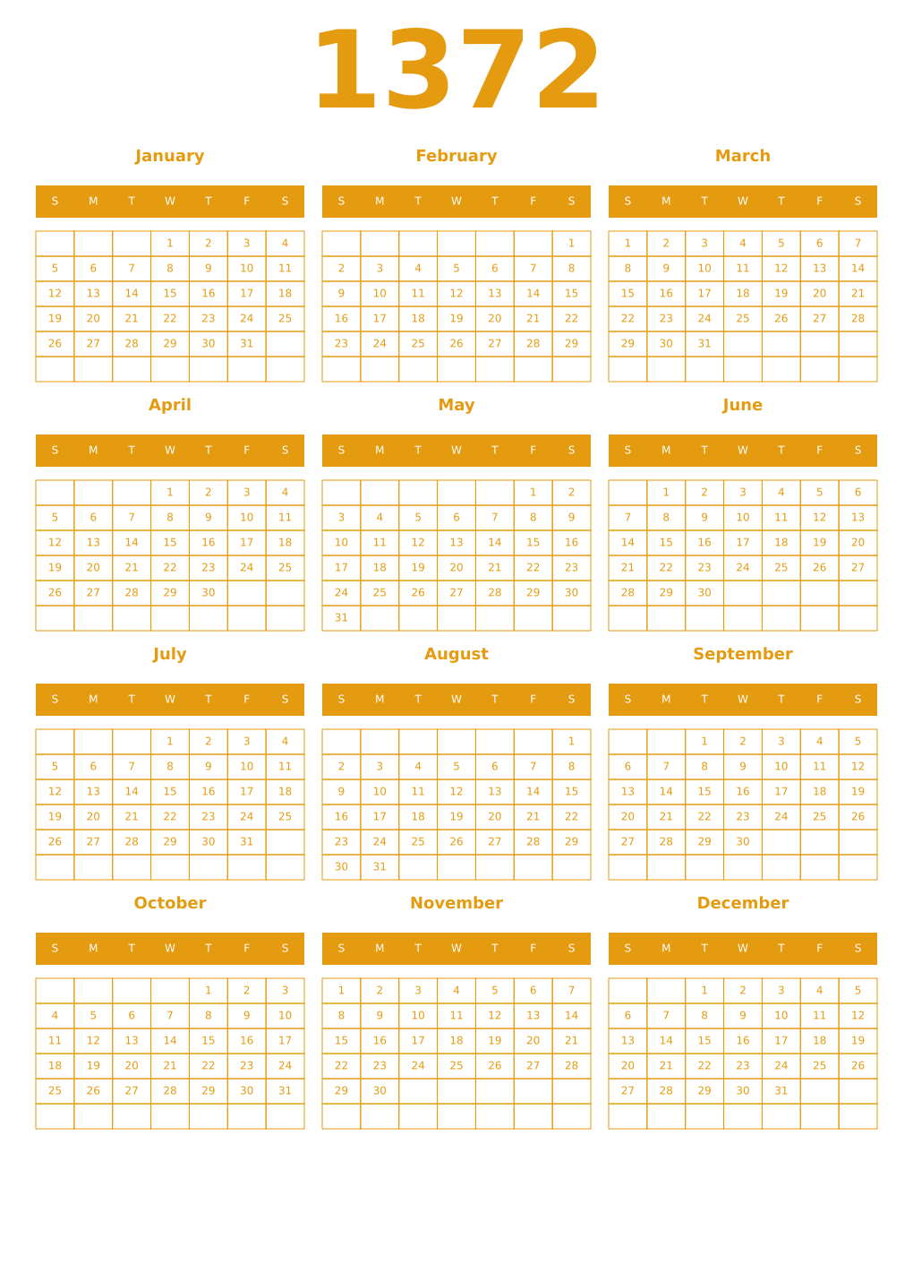 Printable 1372 Year Calendars gamboge