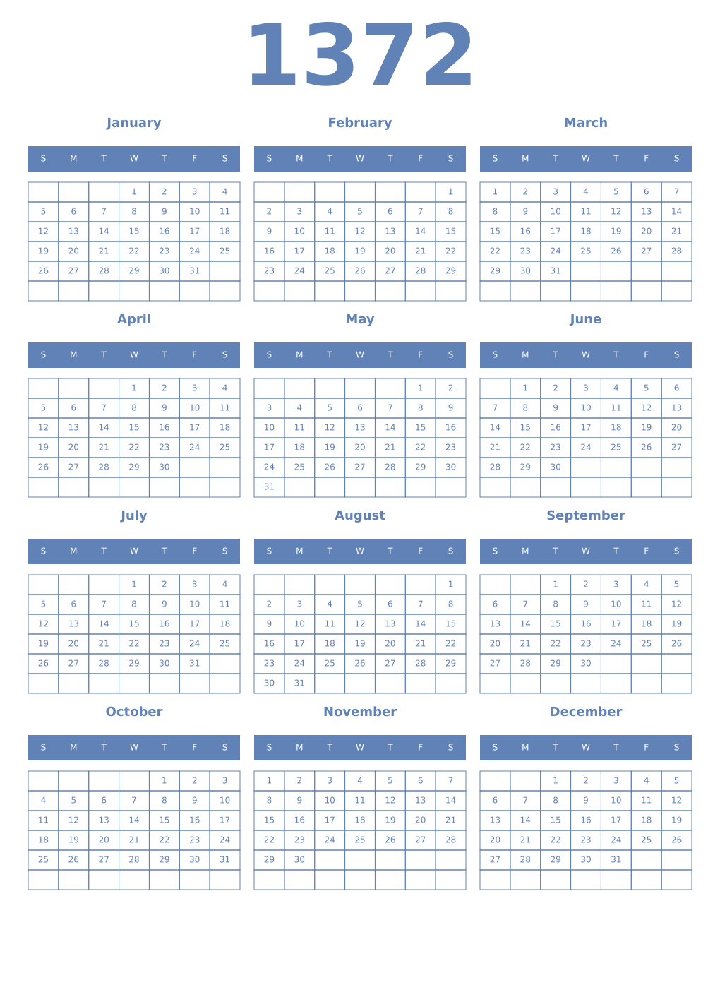 Printable 1372 Year Calendars glaucous