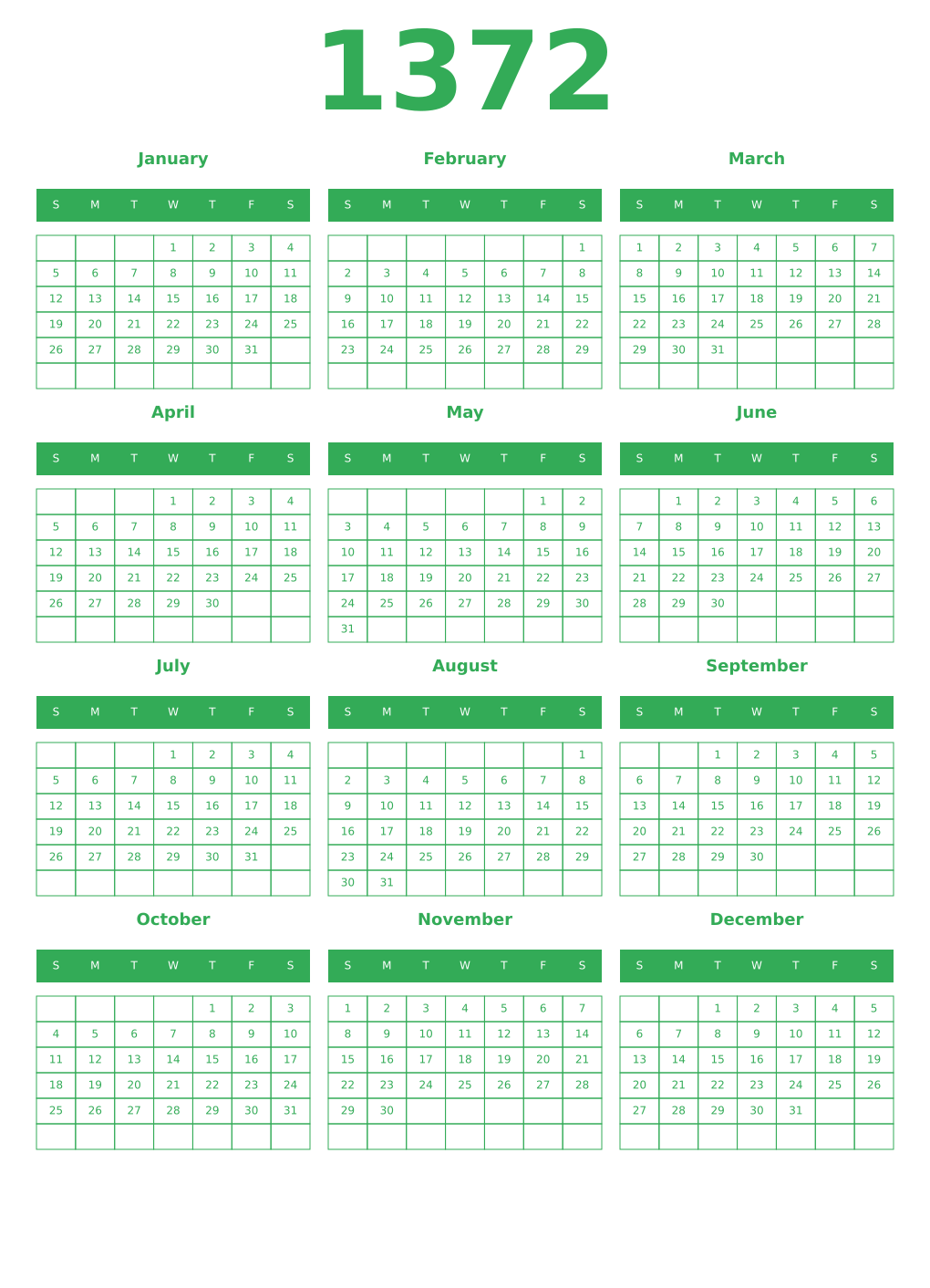 Printable 1372 Year Calendars green