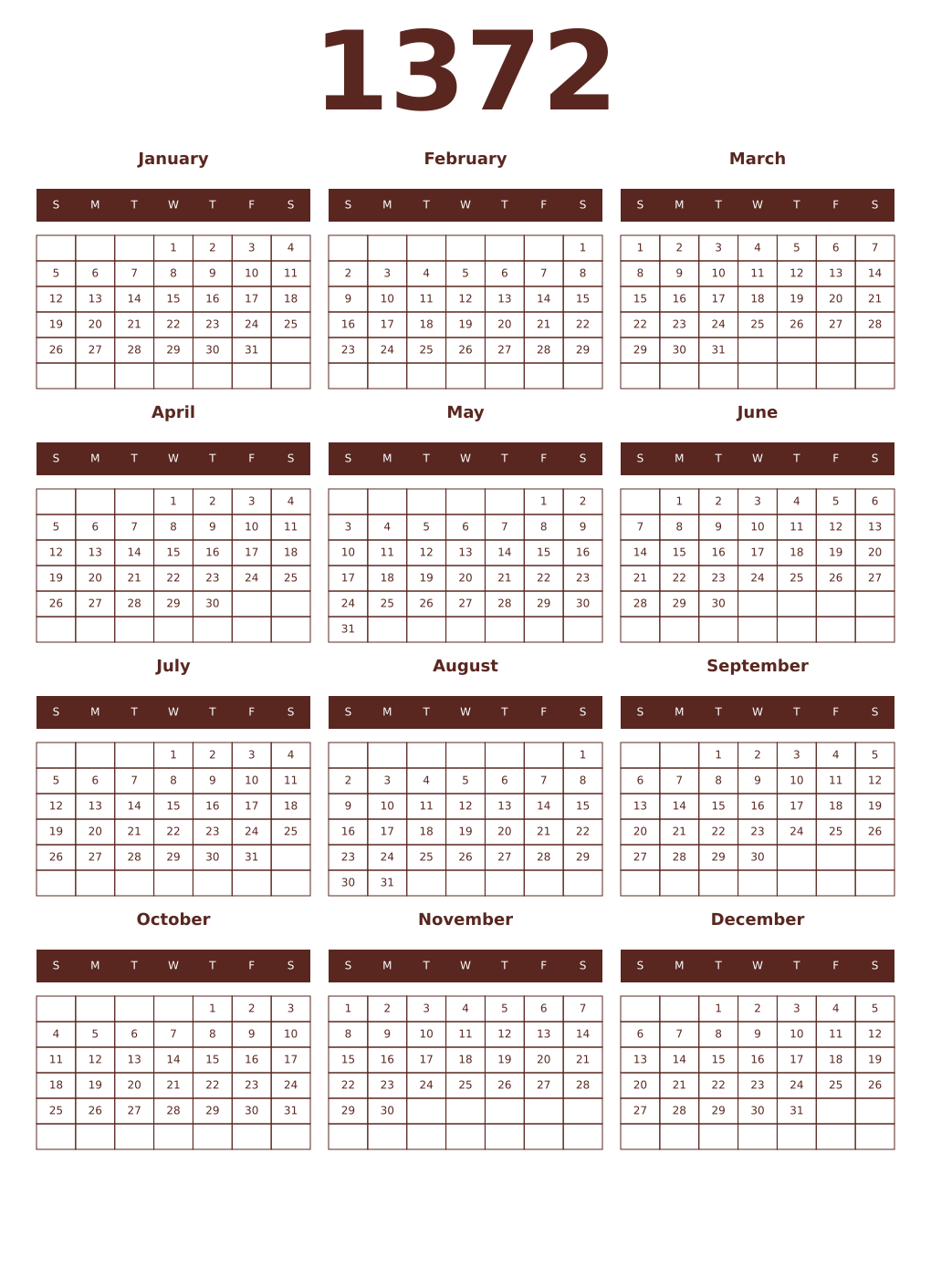 Printable 1372 Year Calendars mortuum