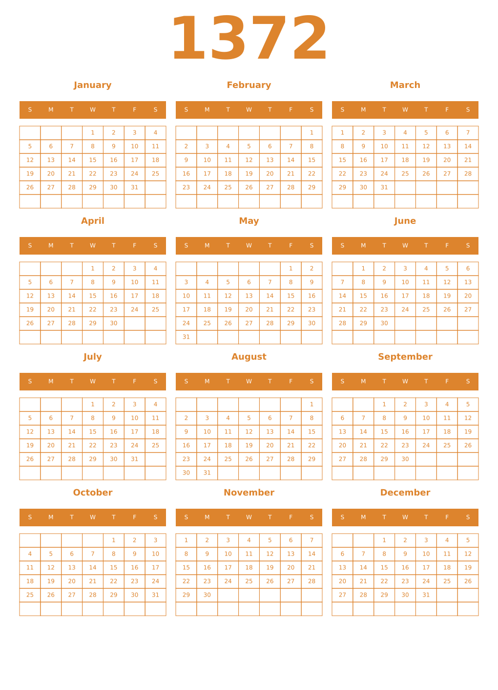 Printable 1372 Year Calendars orange