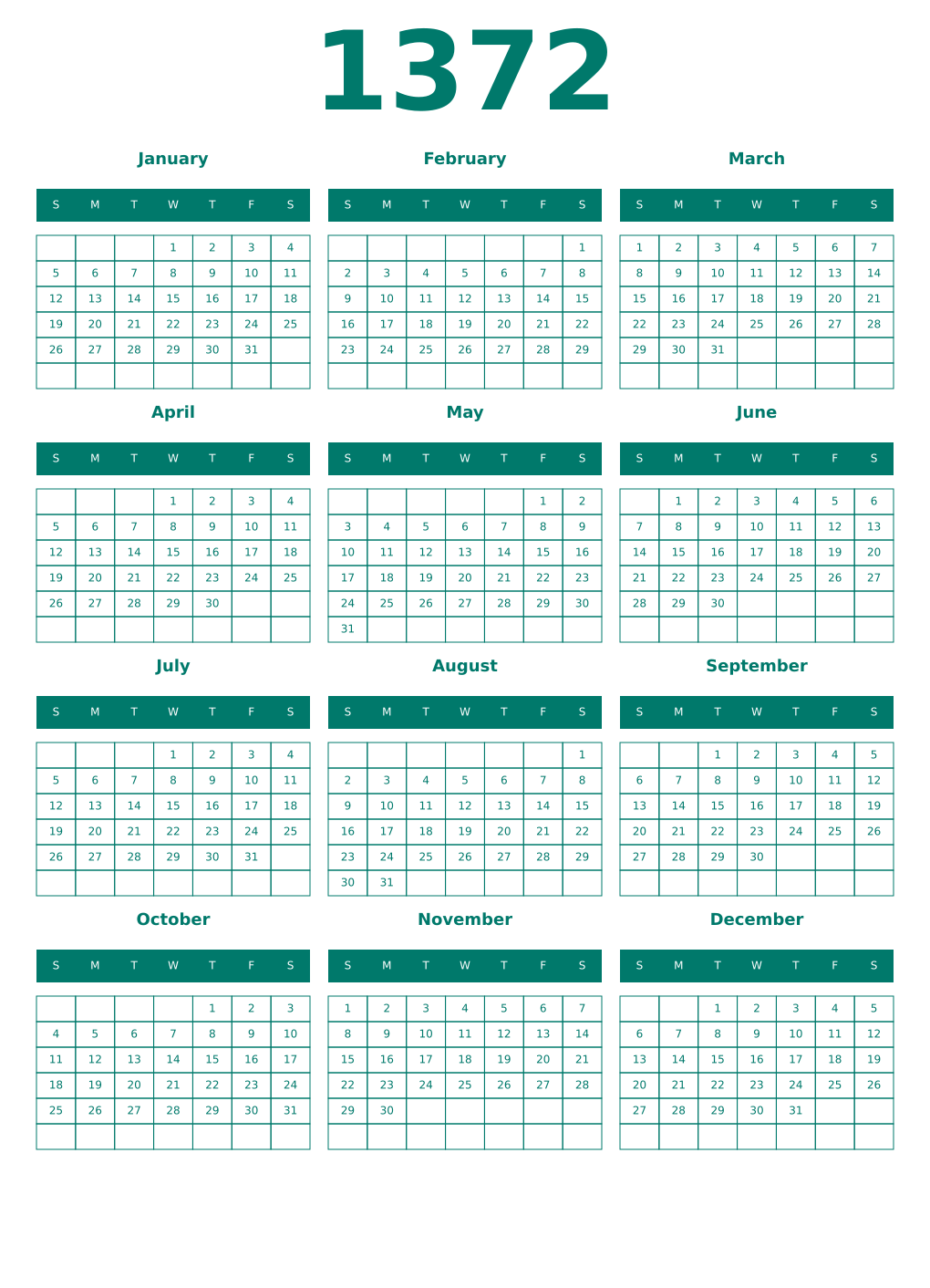Printable 1372 Year Calendars pastel