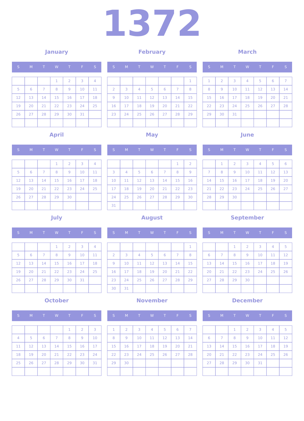 Printable 1372 Year Calendars periwinkle