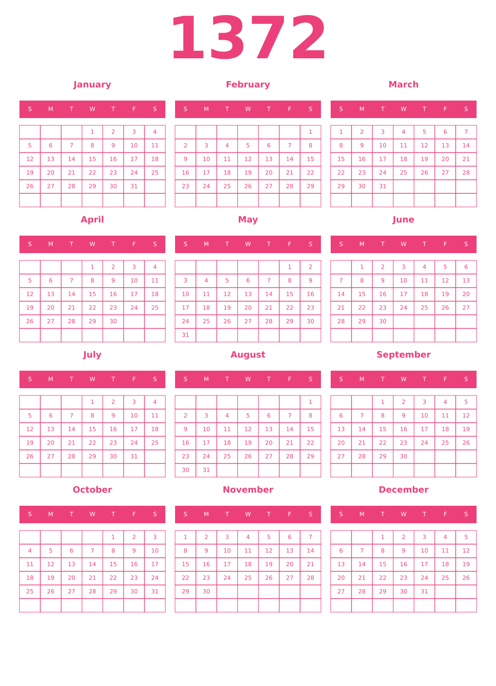 Printable 1372 Year Calendars pink