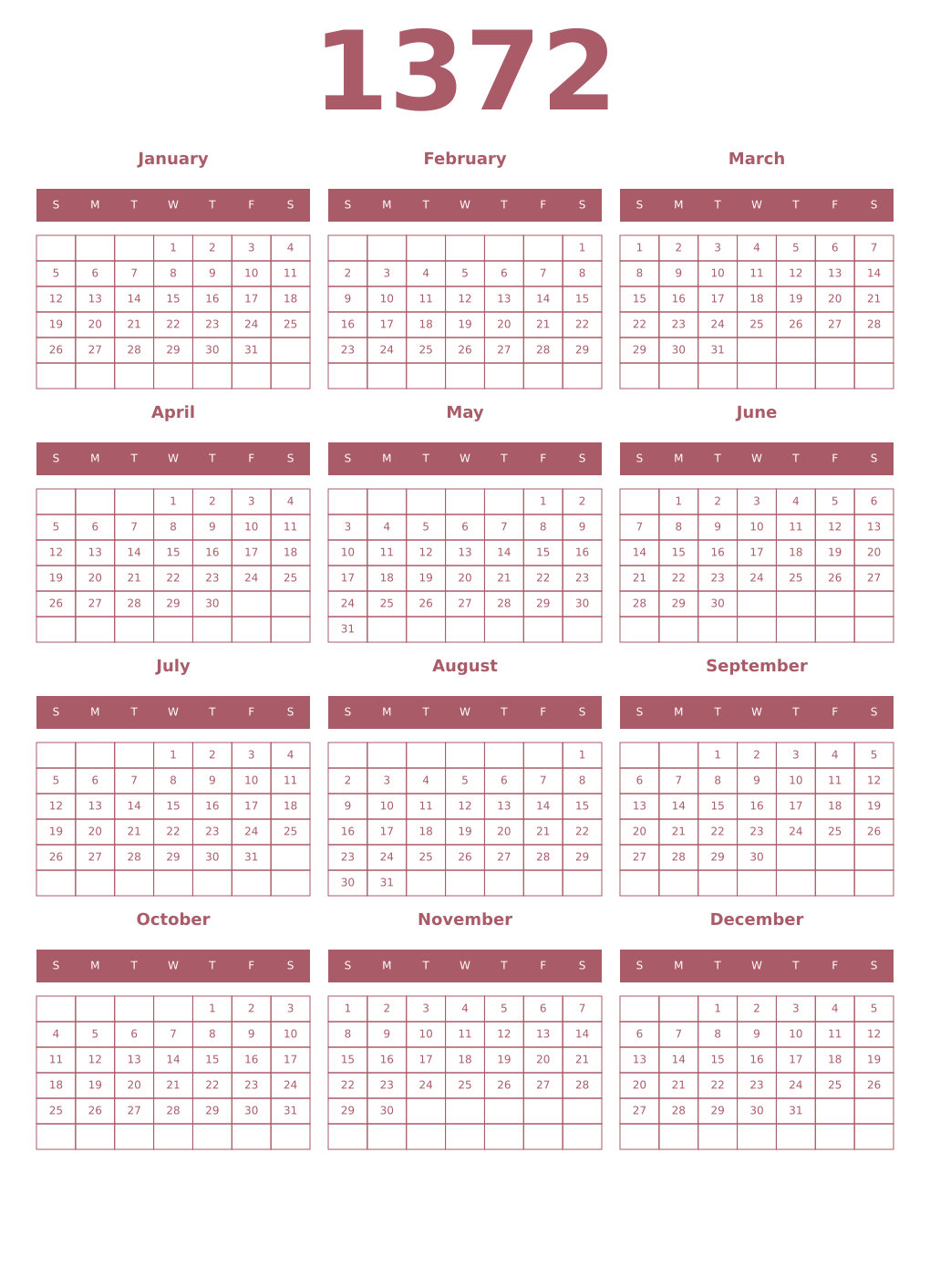 Printable 1372 Year Calendars puce