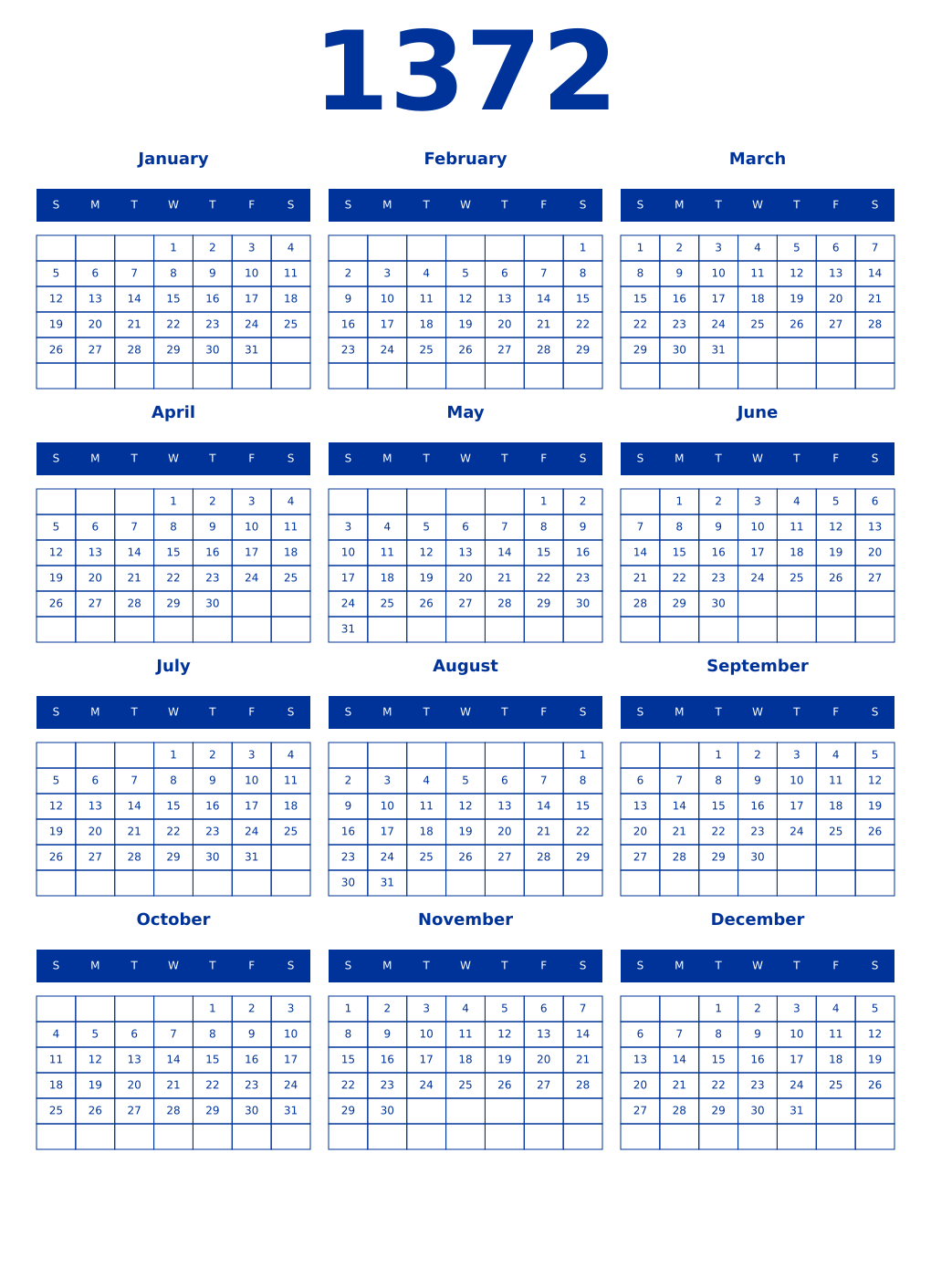 Printable 1372 Year Calendars smalt