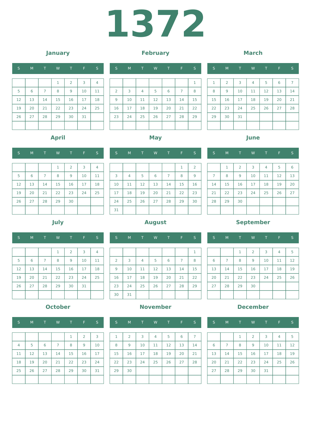 Printable 1372 Year Calendars viridian