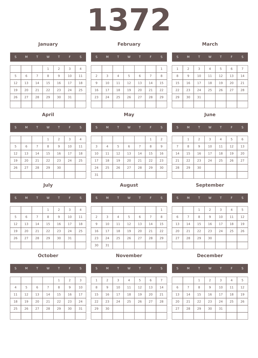 Printable 1372 Year Calendars wenge