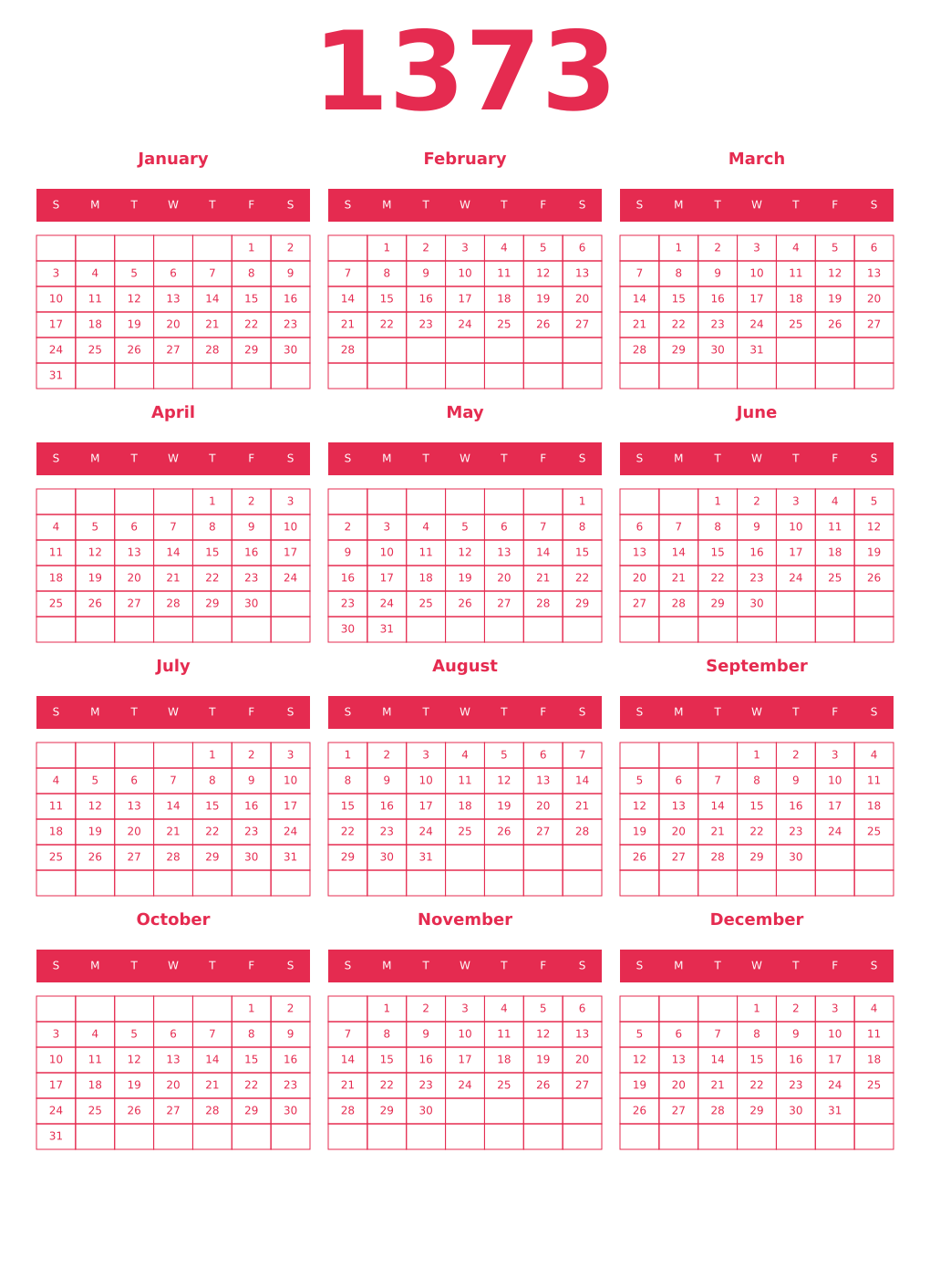 Printable 1373 Year Calendars amaranth
