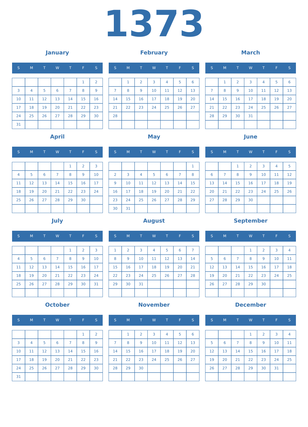 Printable 1373 Year Calendars blue