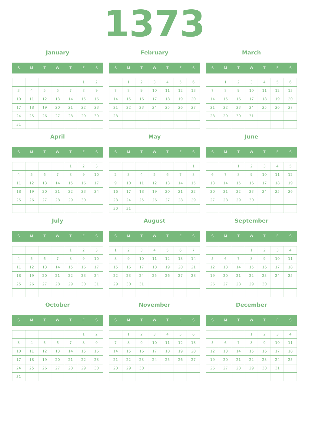 Printable 1373 Year Calendars celadon
