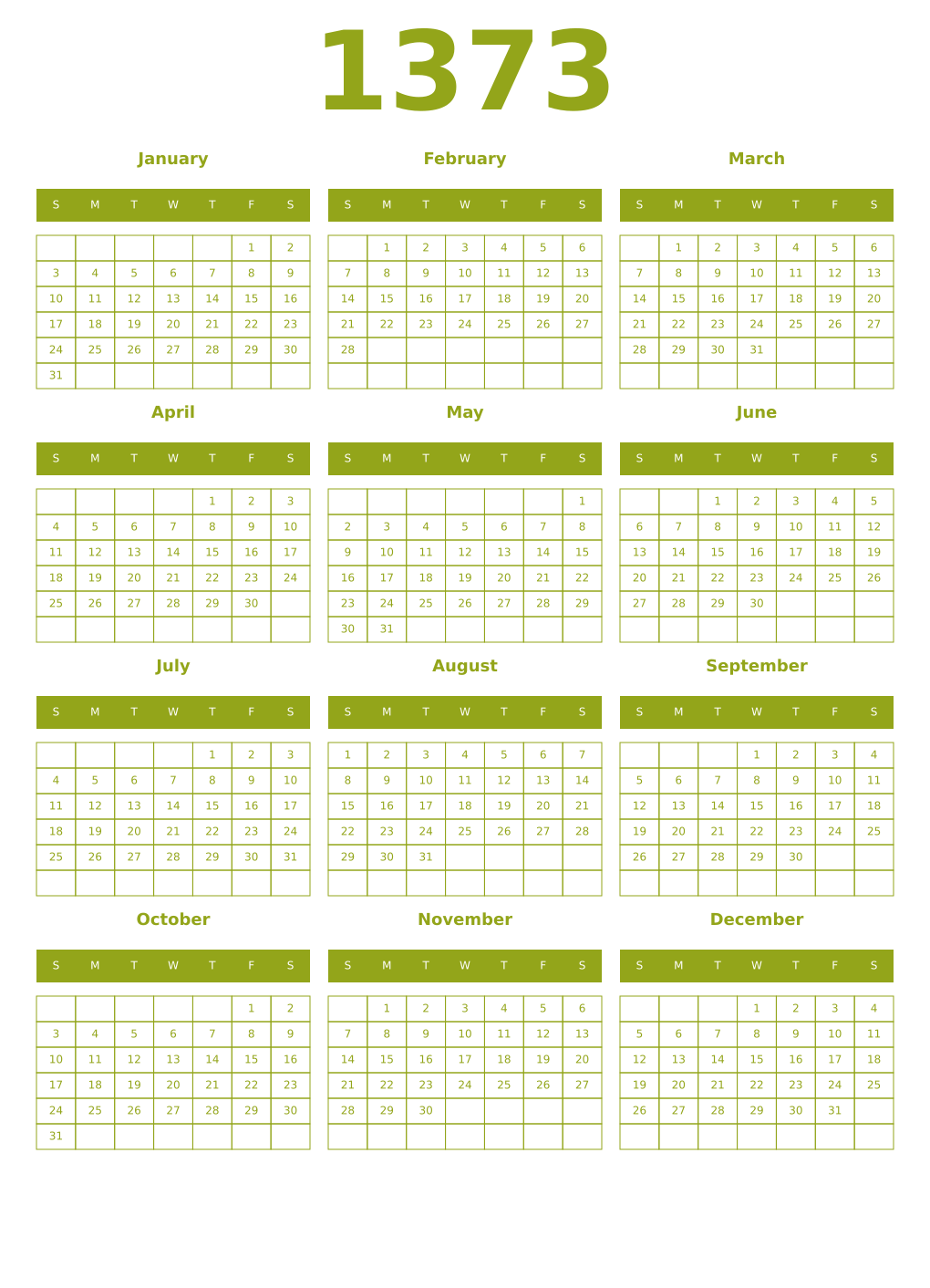 Printable 1373 Year Calendars chartreuse