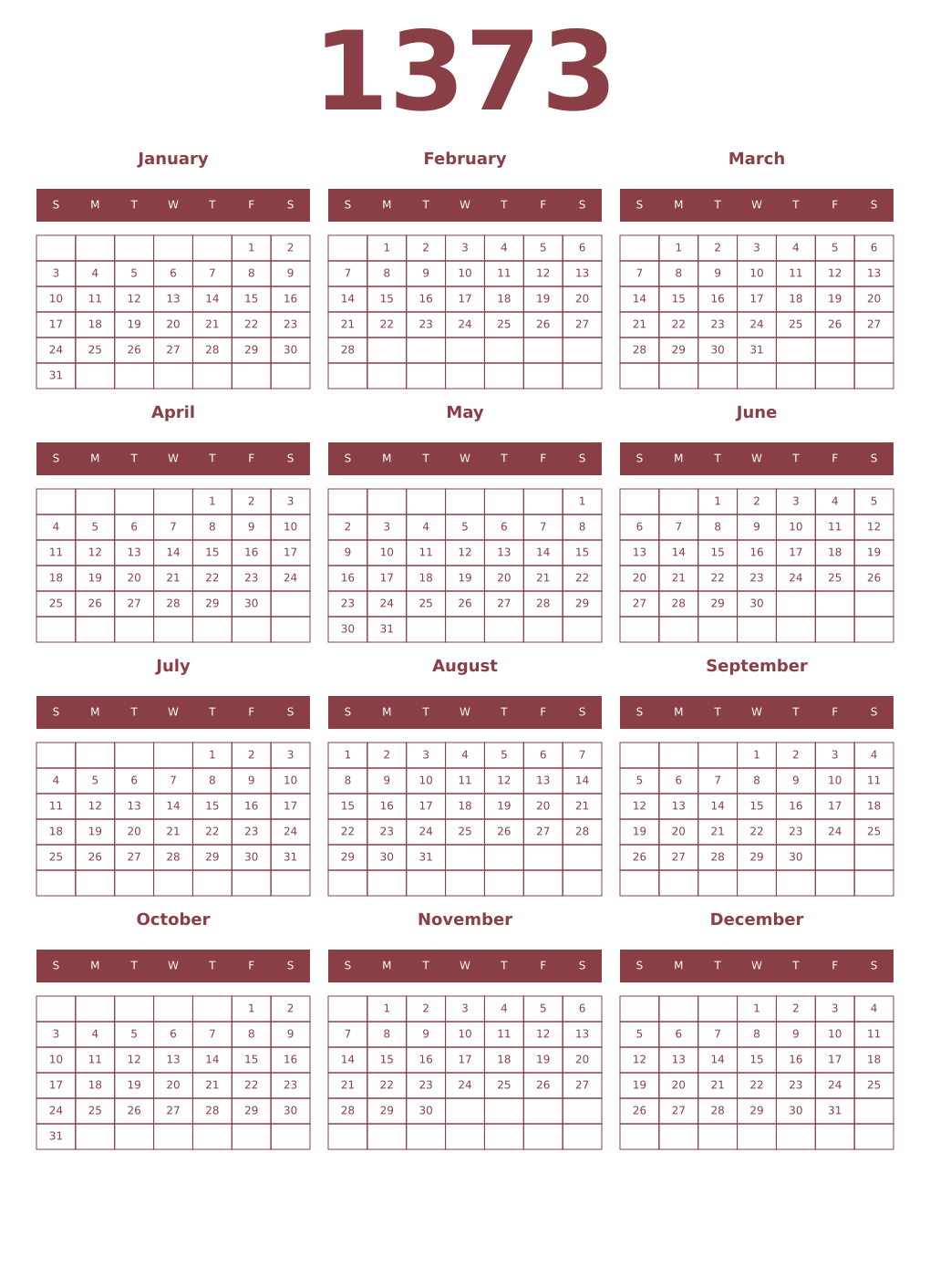 Printable 1373 Year Calendars cordovan