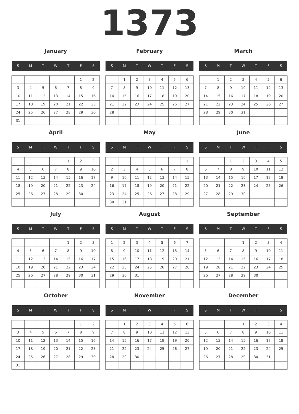 Printable 1373 Year Calendars dark