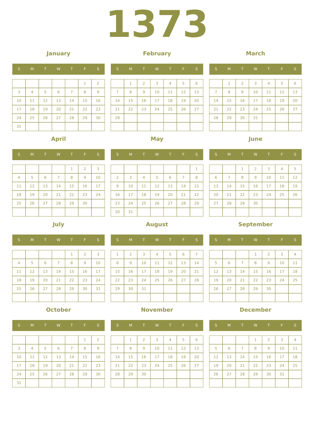Printable 1373 Year Calendars eburnean