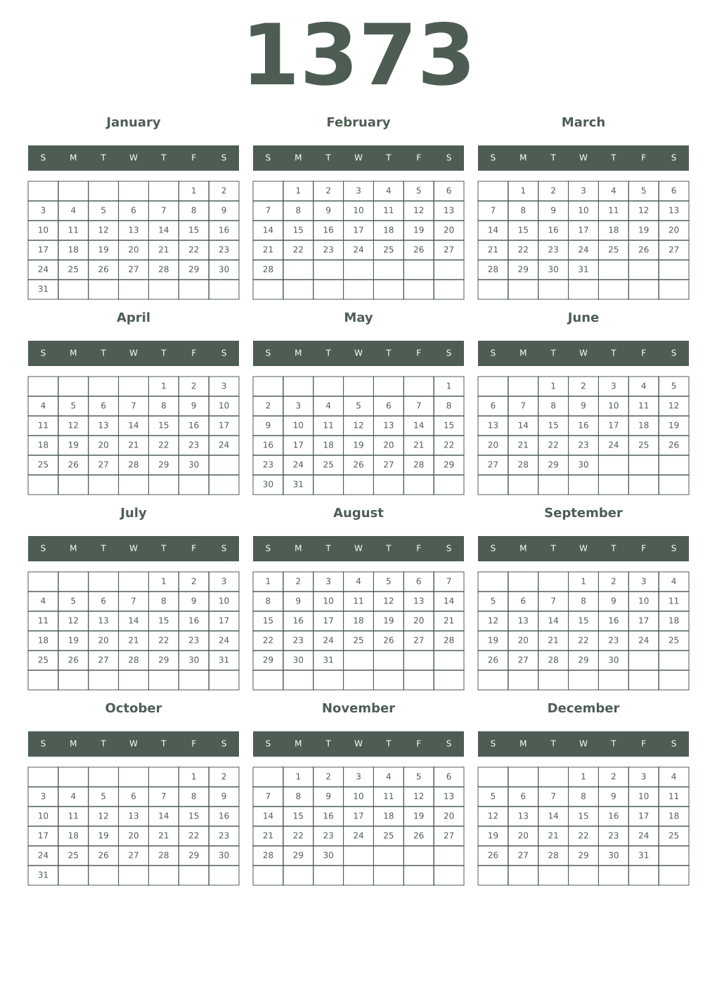 Printable 1373 Year Calendars feldgrau