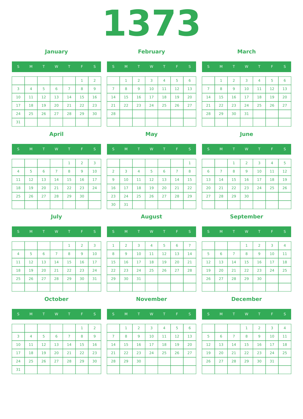Printable 1373 Year Calendars green