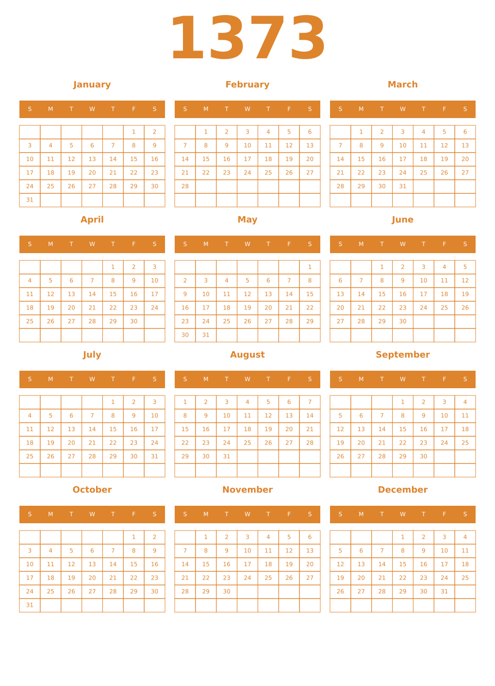 Printable 1373 Year Calendars orange