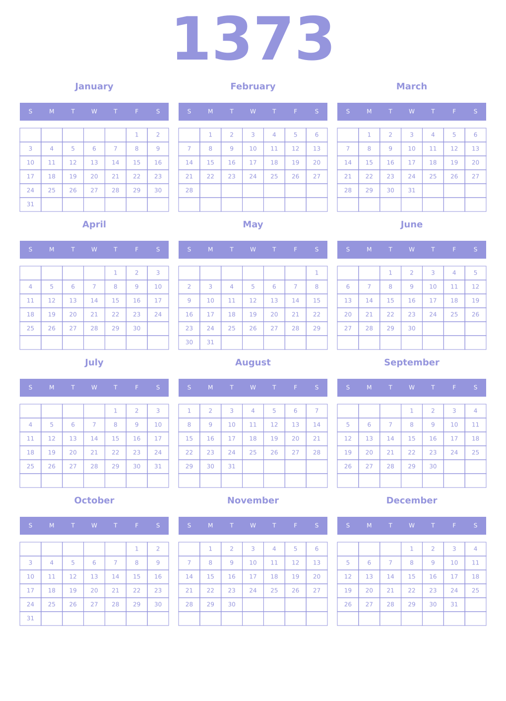 Printable 1373 Year Calendars periwinkle
