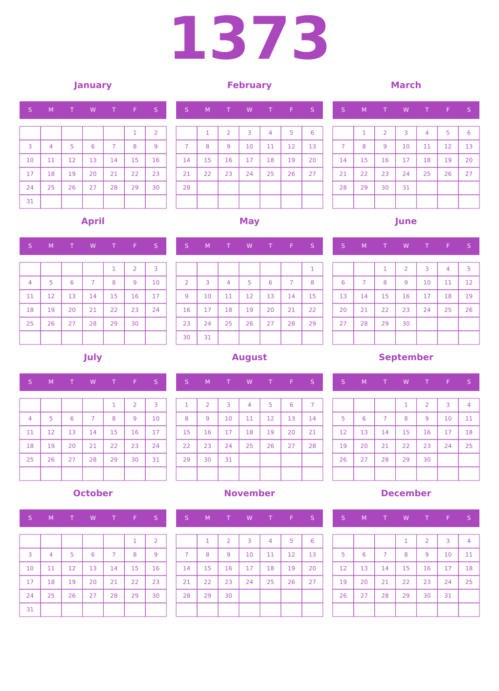 Printable 1373 Year Calendars purple