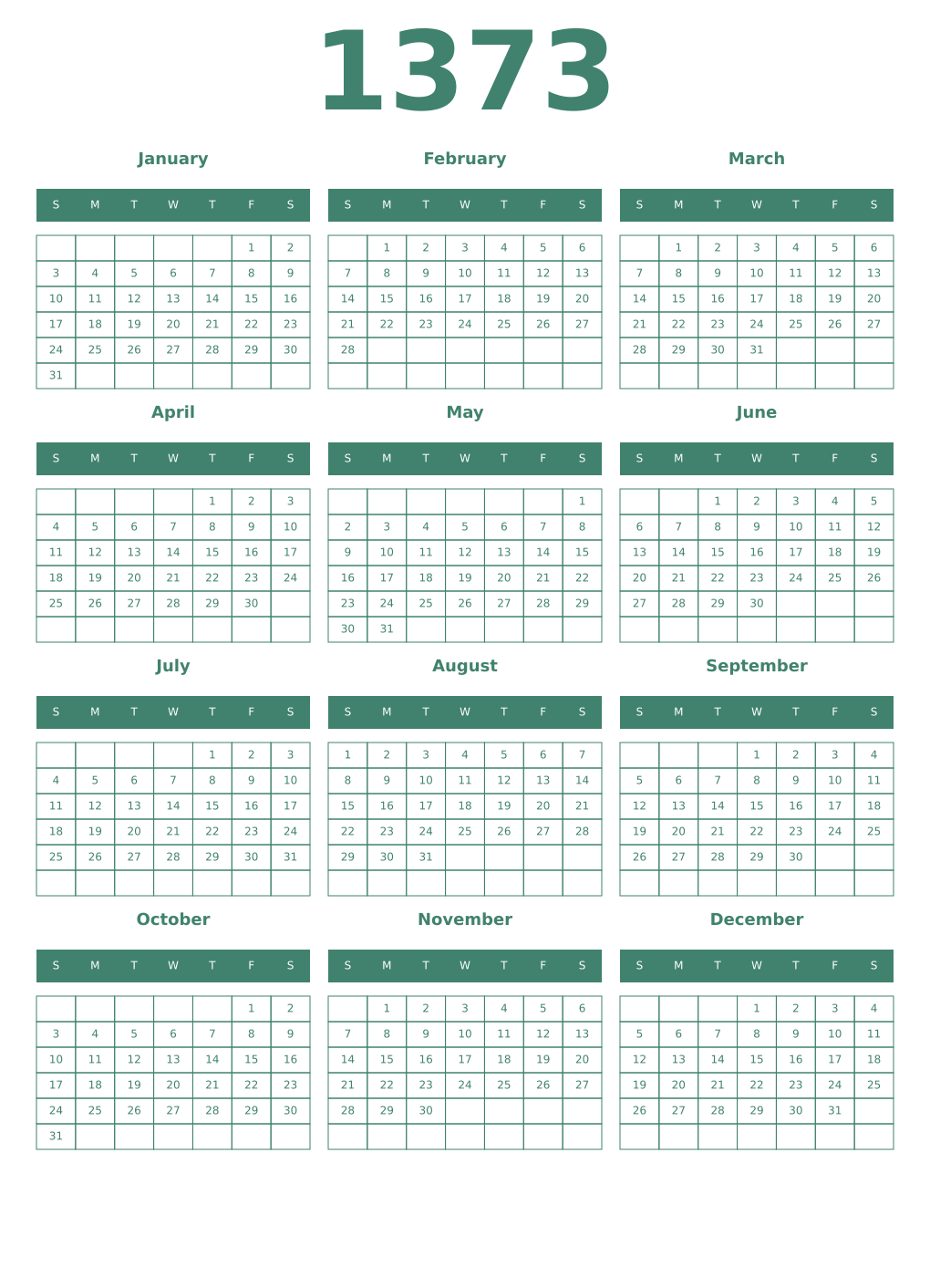 Printable 1373 Year Calendars viridian
