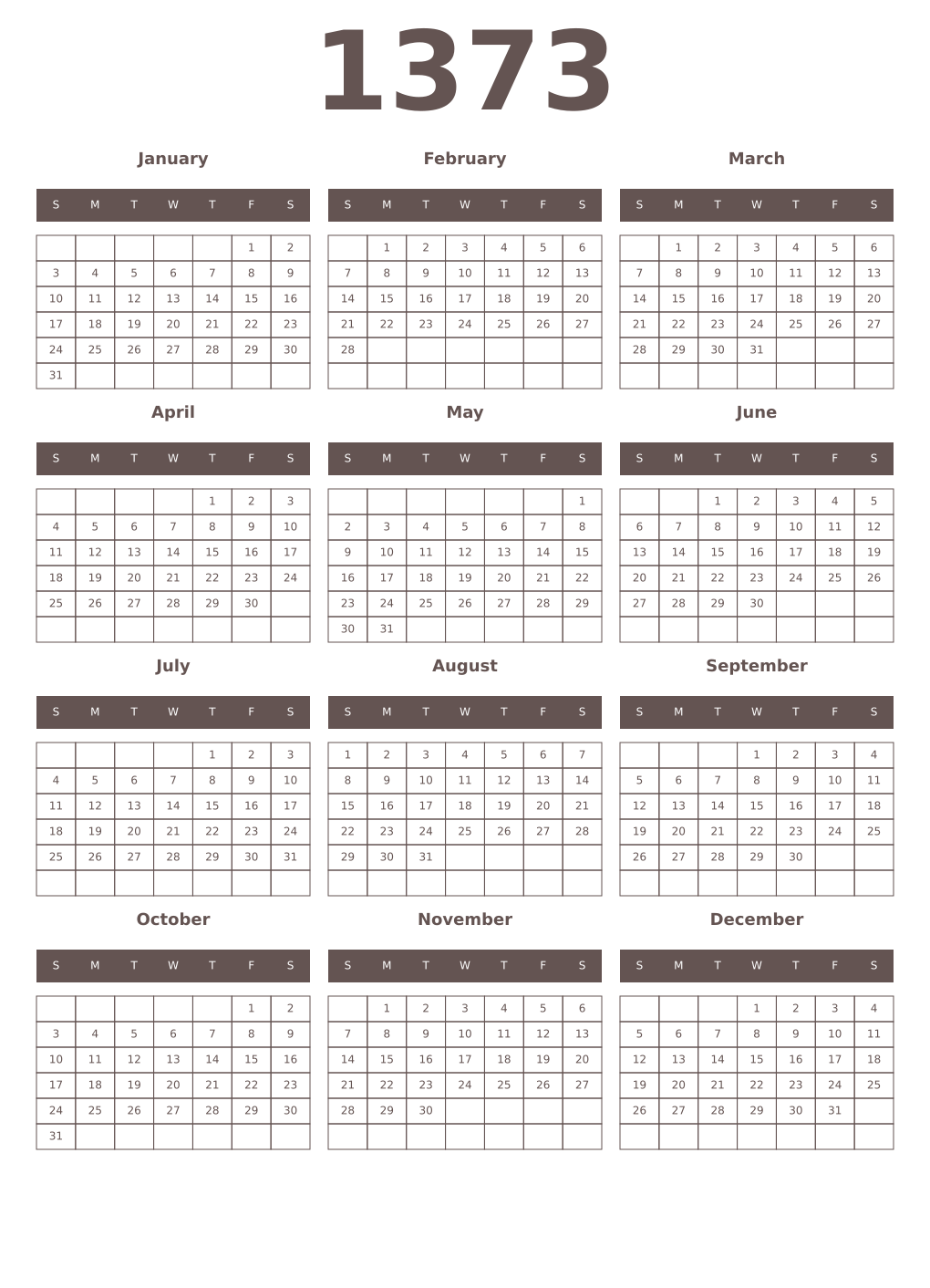 Printable 1373 Year Calendars wenge