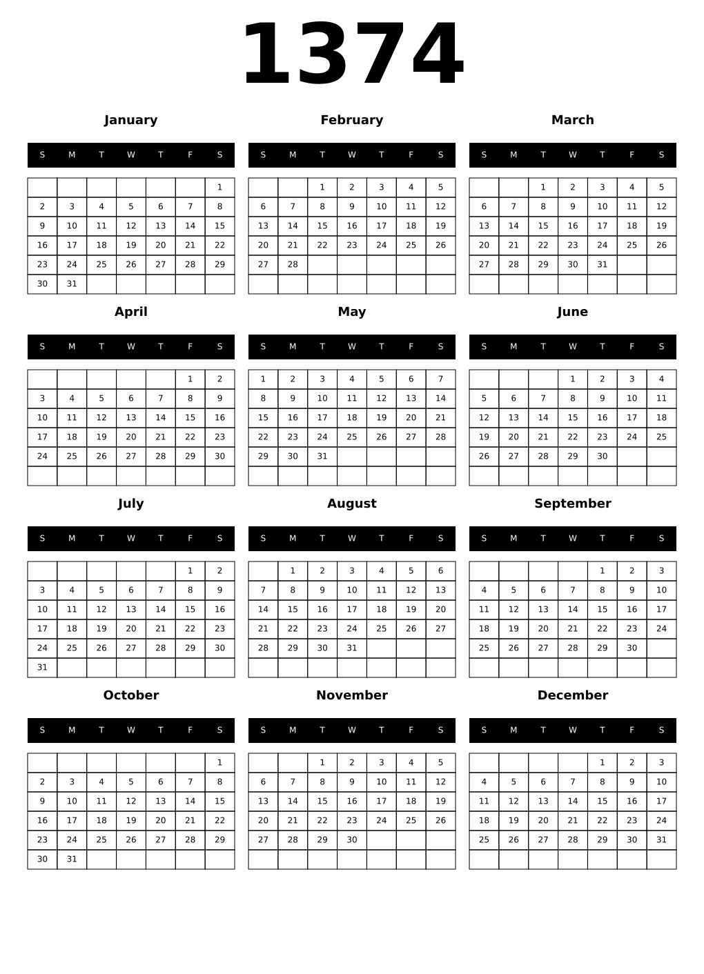 Printable 1374 Calendars