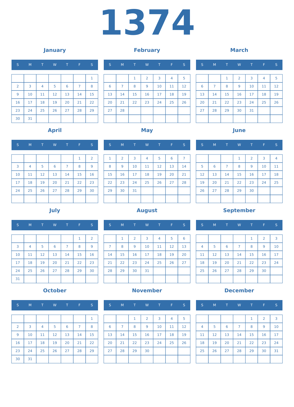 Printable 1374 Year Calendars blue