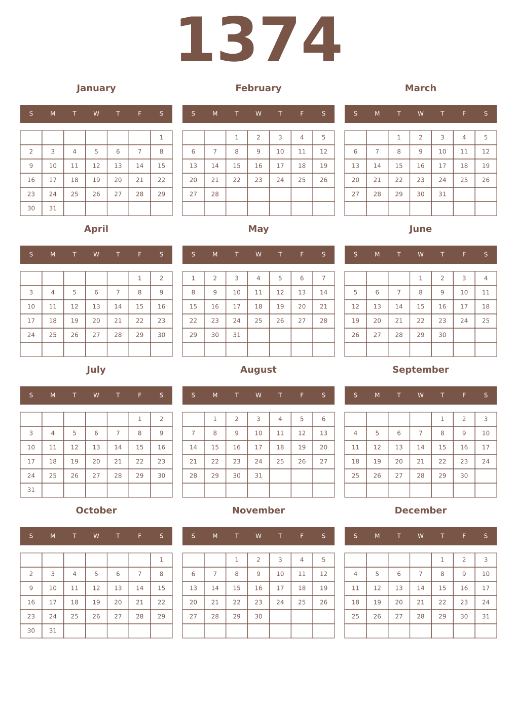 Printable 1374 Year Calendars coffe