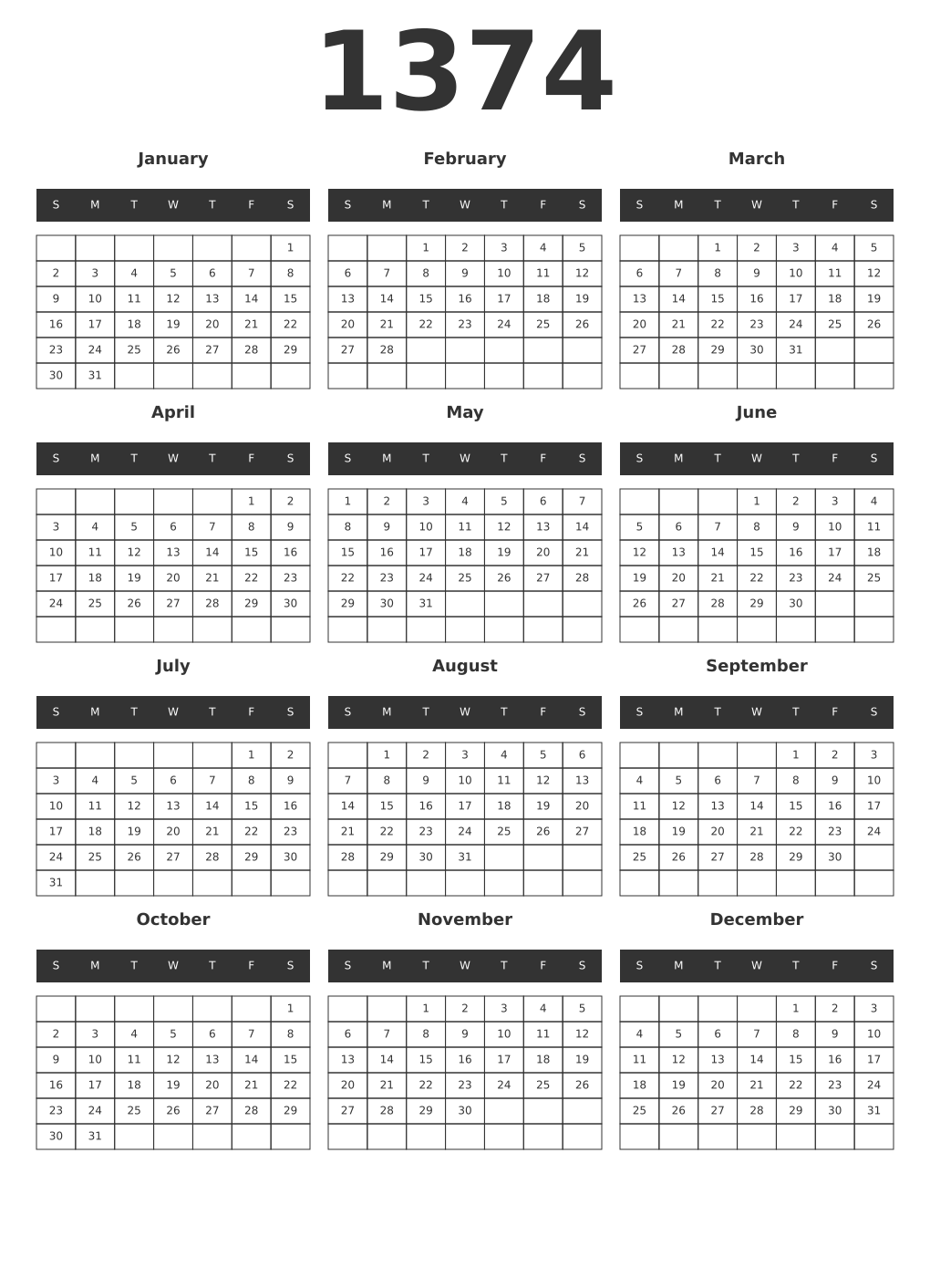 Printable 1374 Year Calendars dark