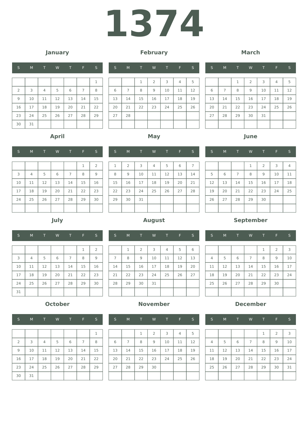 Printable 1374 Year Calendars feldgrau
