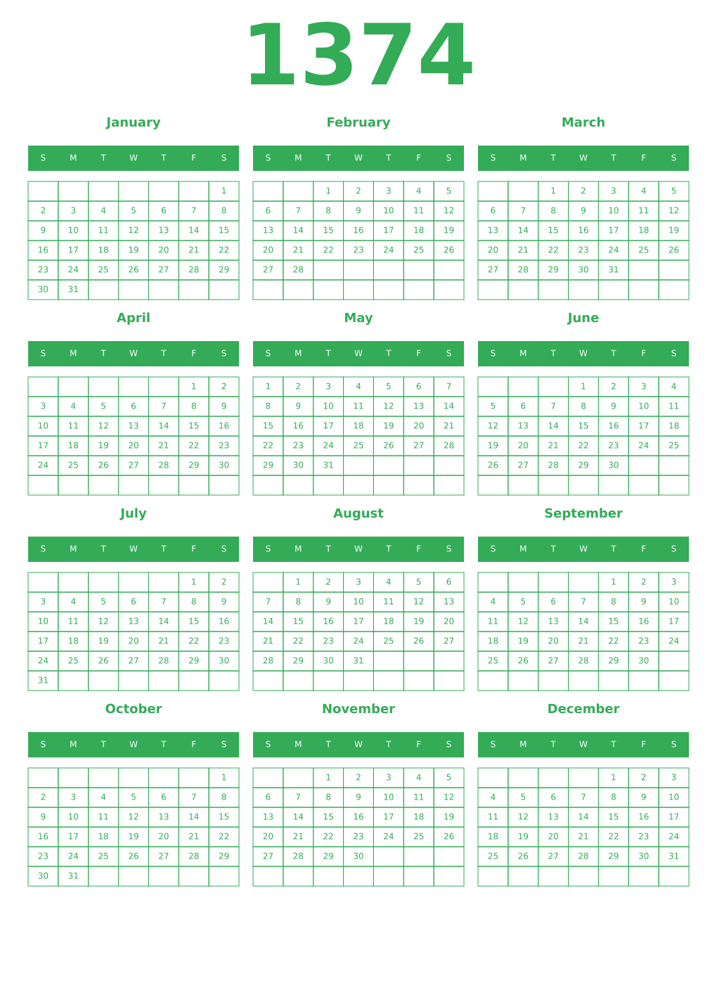 Printable 1374 Year Calendars green