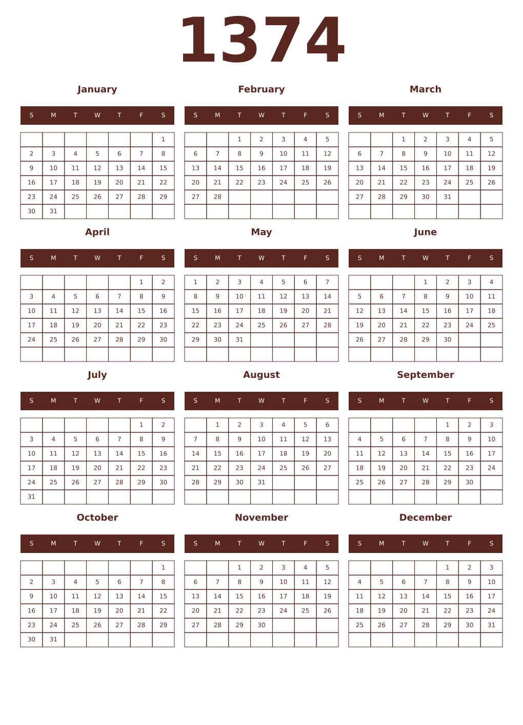 Printable 1374 Year Calendars mortuum