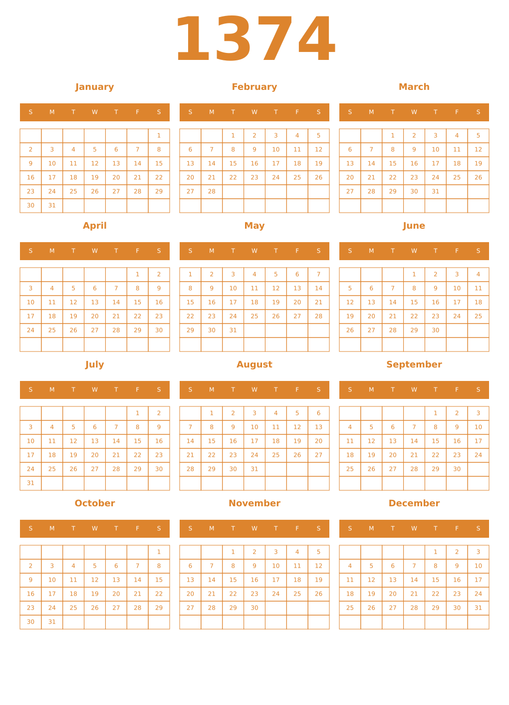Printable 1374 Year Calendars orange