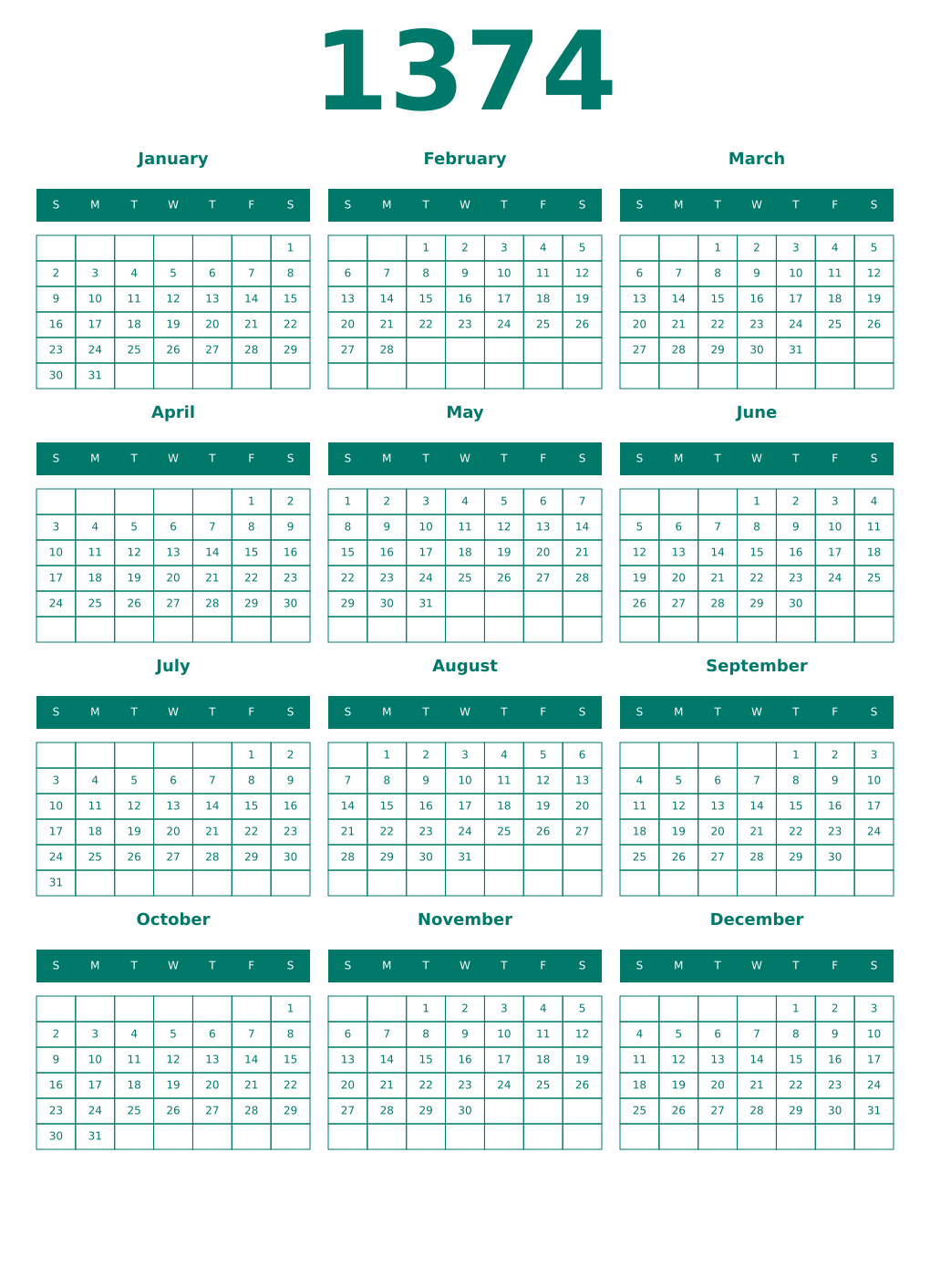Printable 1374 Year Calendars pastel