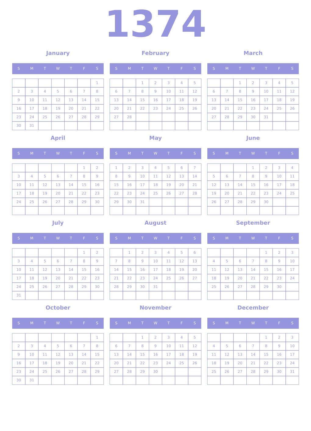 Printable 1374 Year Calendars periwinkle
