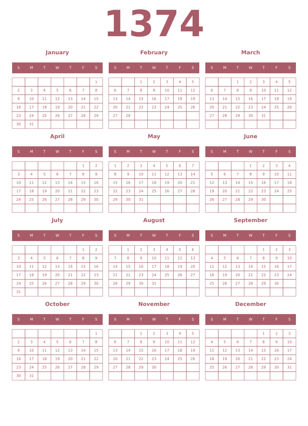Printable 1374 Year Calendars puce