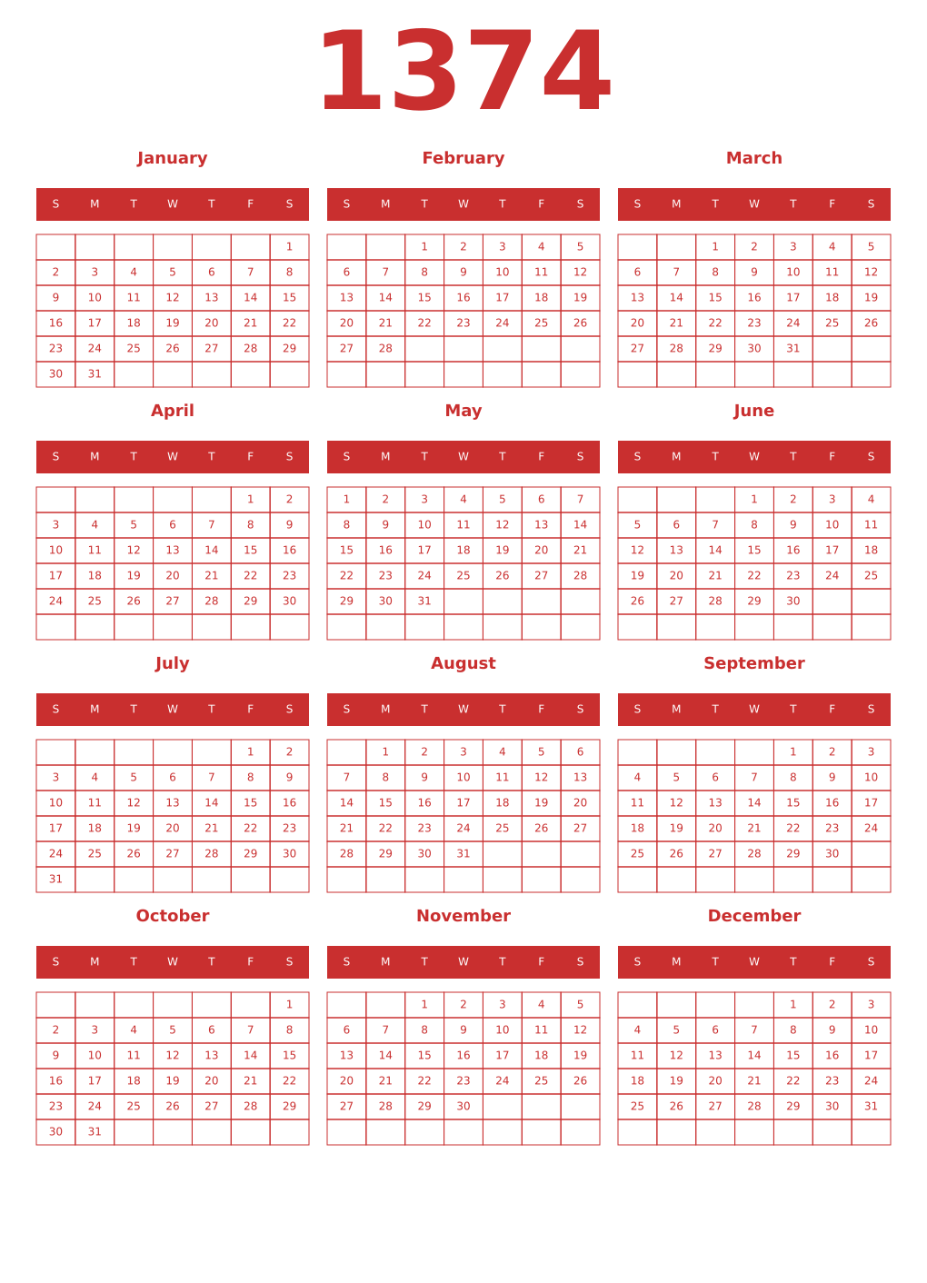 Printable 1374 Year Calendars red