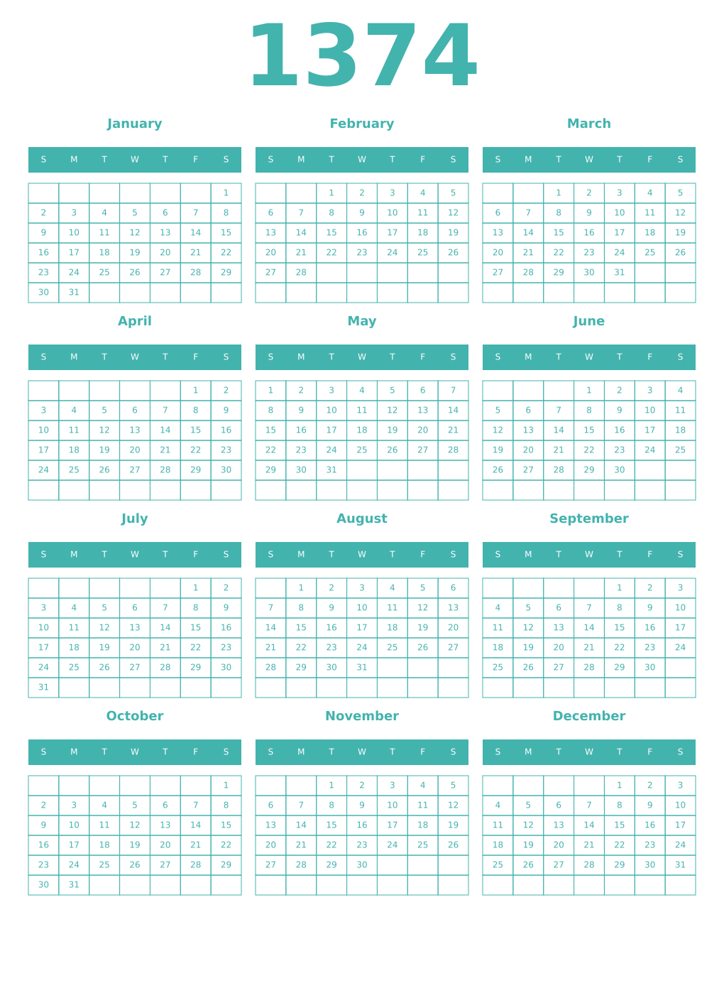 Printable 1374 Year Calendars verdigris
