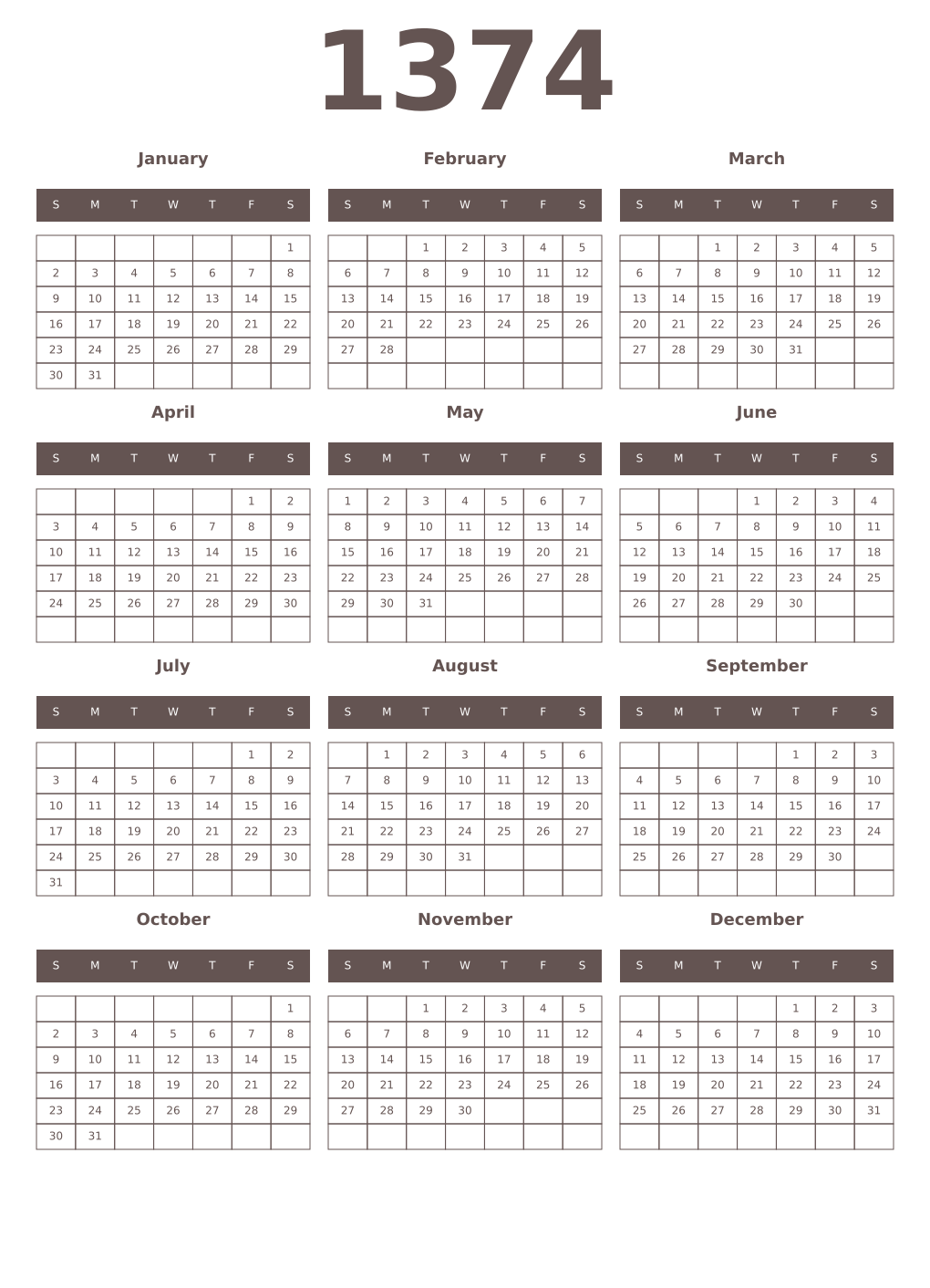Printable 1374 Year Calendars wenge
