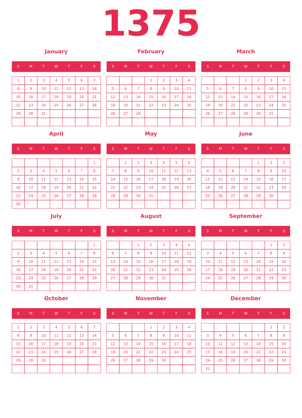 Printable 1375 Year Calendars amaranth