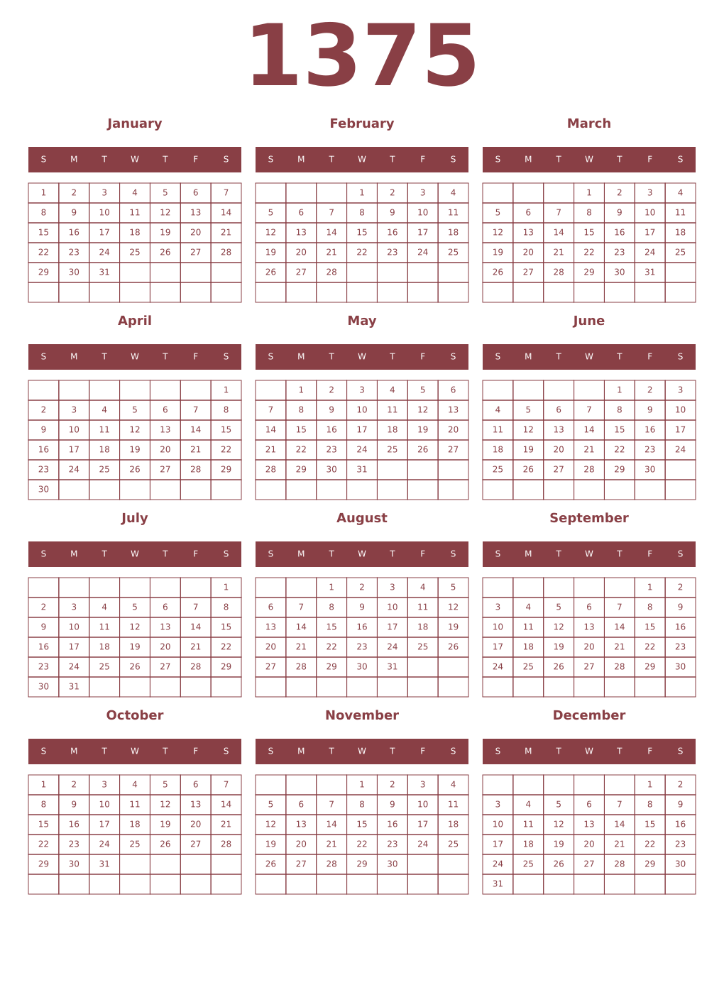 Printable 1375 Year Calendars cordovan