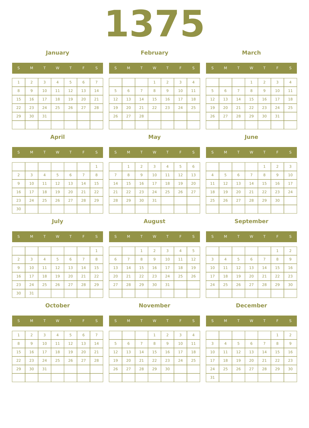 Printable 1375 Year Calendars eburnean