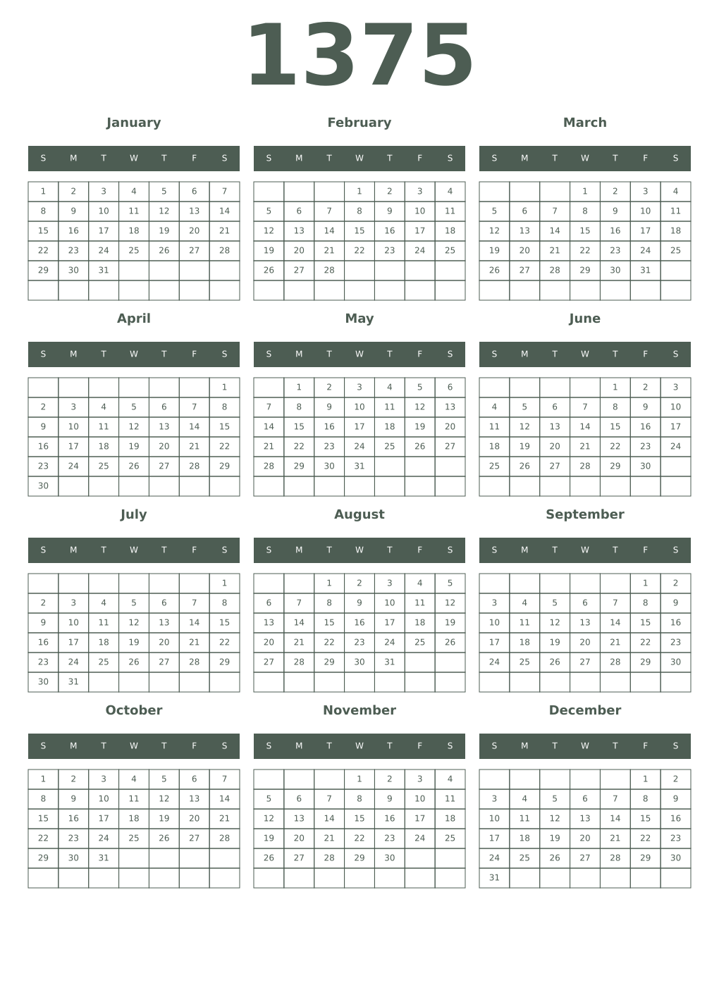 Printable 1375 Year Calendars feldgrau